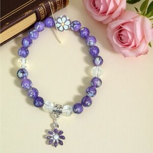 Hand Crafted Purple Beaded Flower Charm Bracelet